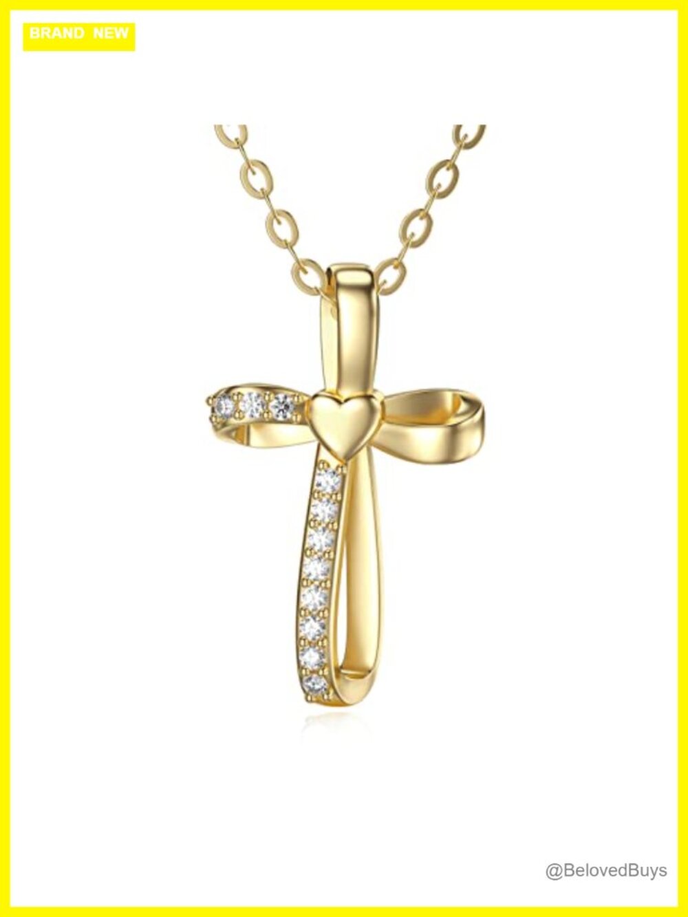 14k Real Gold Cross Necklace Pendant with Heart 16+2 Inch Chain